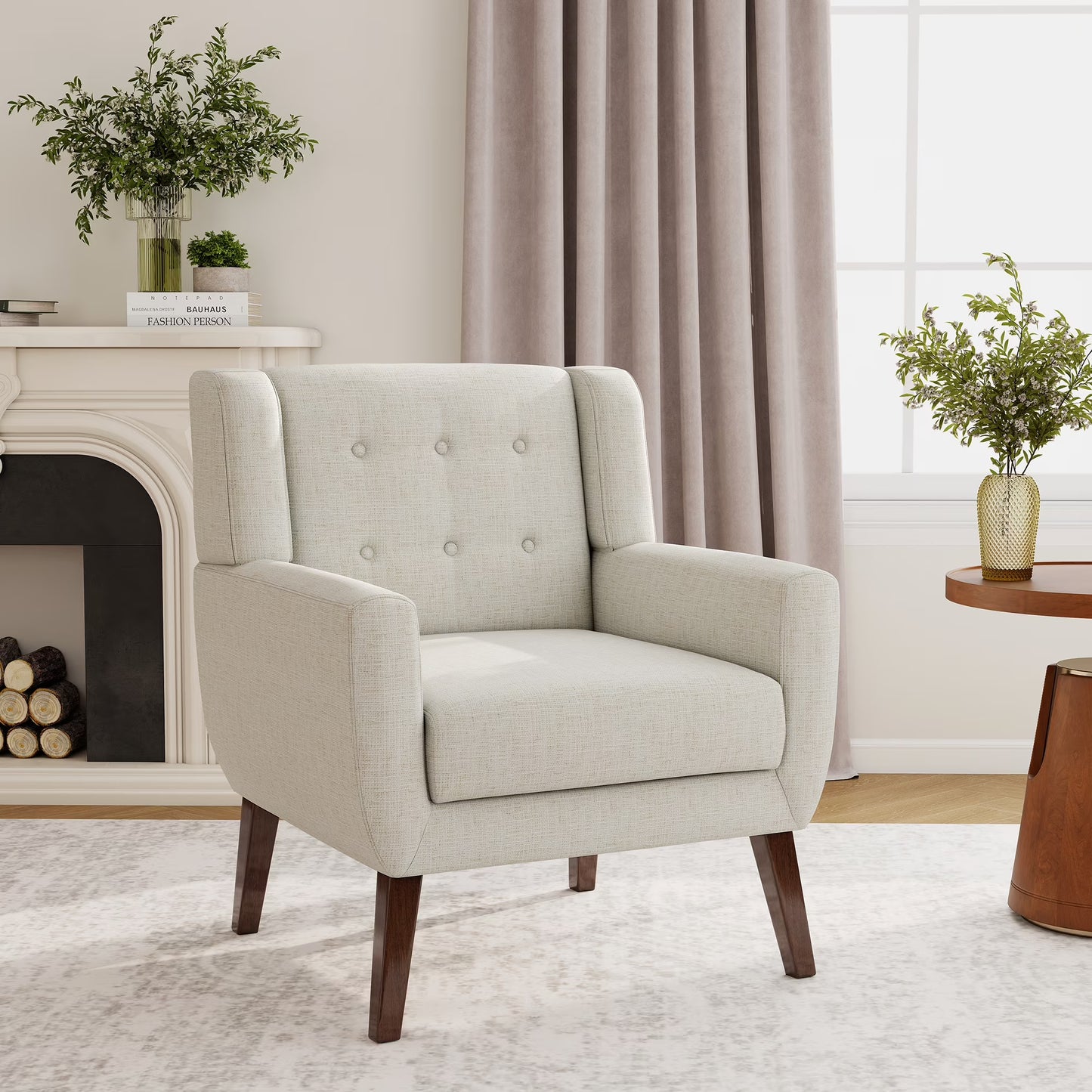 Beige Accent Chair, Linen Fabric Armchair for Living Room, Tufted Armrest Reading Seat