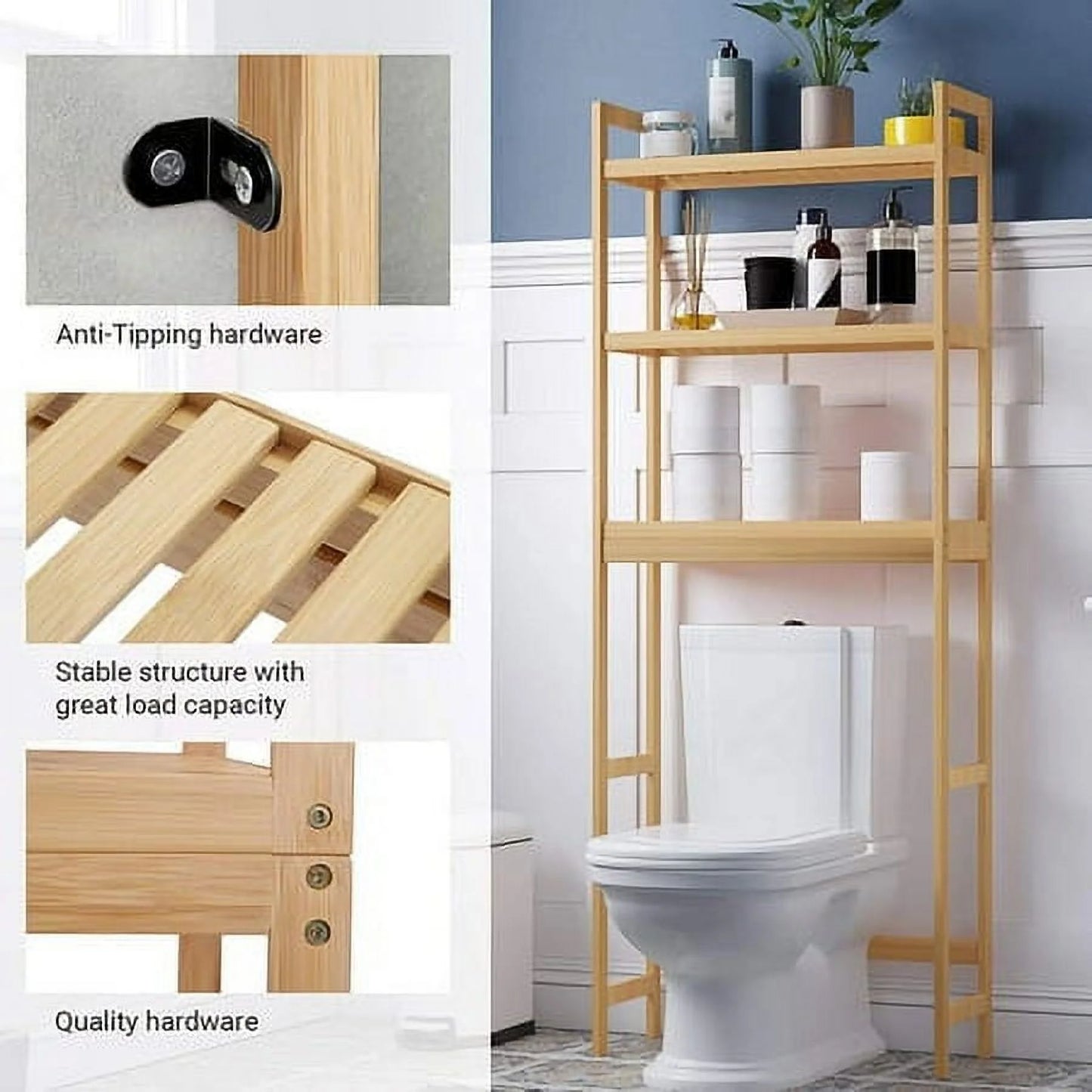 3-Tier Over The Toilet Storage Bamboo Over Toilet Shelf Bathroom Storage Organizer with Adjustable Shelf Natural