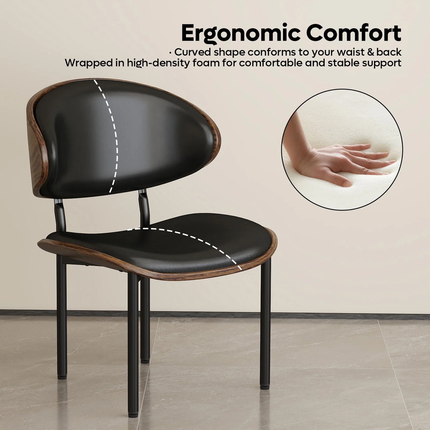 Dining Chairs Set of 2,Modern Living Room Chairs,Upholstered Leather Kitchen Chairs for Dining Room and Vanity with Cushion Seat,Metal Legs,Mid-Century Modern Round Design,Easy Assembly,Black