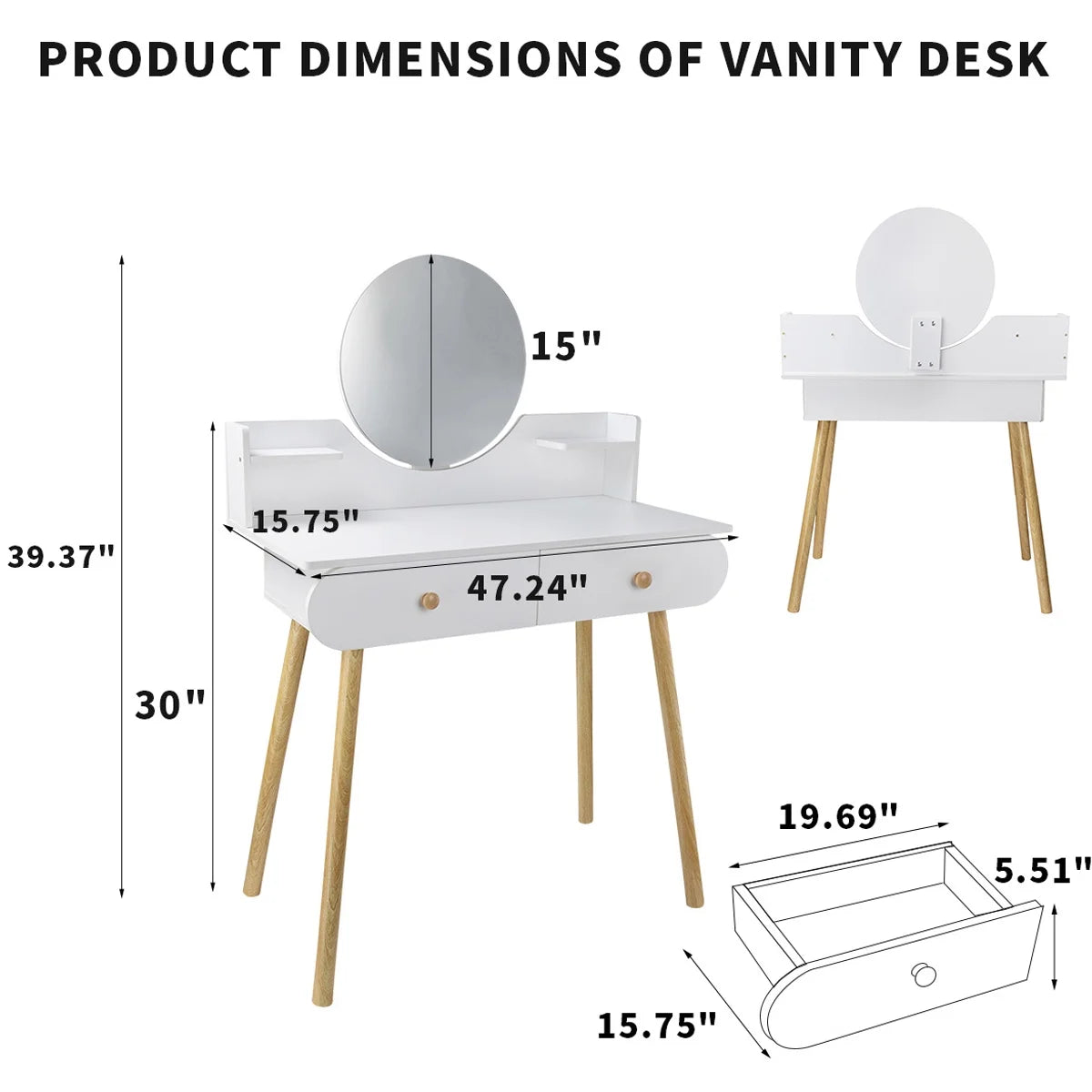 Modern White Vanity Desk with Mirror, Solid Wood Makeup Vanity Dressing Table for Women Girls (Without Stool and LED)