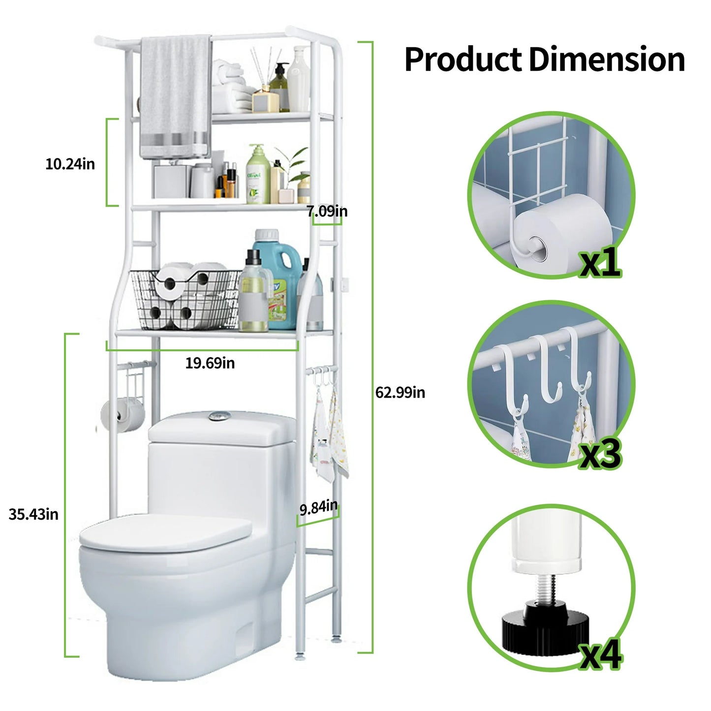Over the Toilet Storage, Bathroom Organizers and Storage Shelf with Hanging Rod Paper Holder and 3 Hooks, Freestanding Toilet Rack Space Saver, White