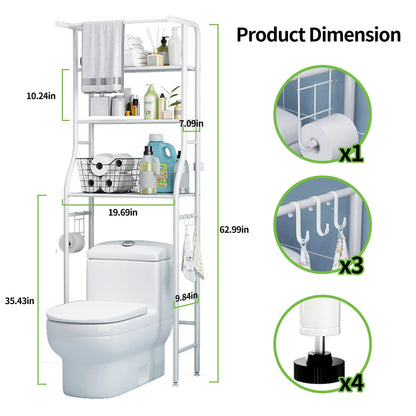 Over the Toilet Storage, Bathroom Organizers and Storage Shelf with Hanging Rod Paper Holder and 3 Hooks, Freestanding Toilet Rack Space Saver, White