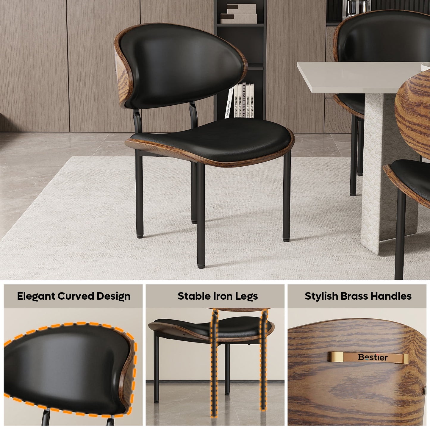 Dining Chairs Set of 2,Modern Living Room Chairs,Upholstered Leather Kitchen Chairs for Dining Room and Vanity with Cushion Seat,Metal Legs,Mid-Century Modern Round Design,Easy Assembly,Black