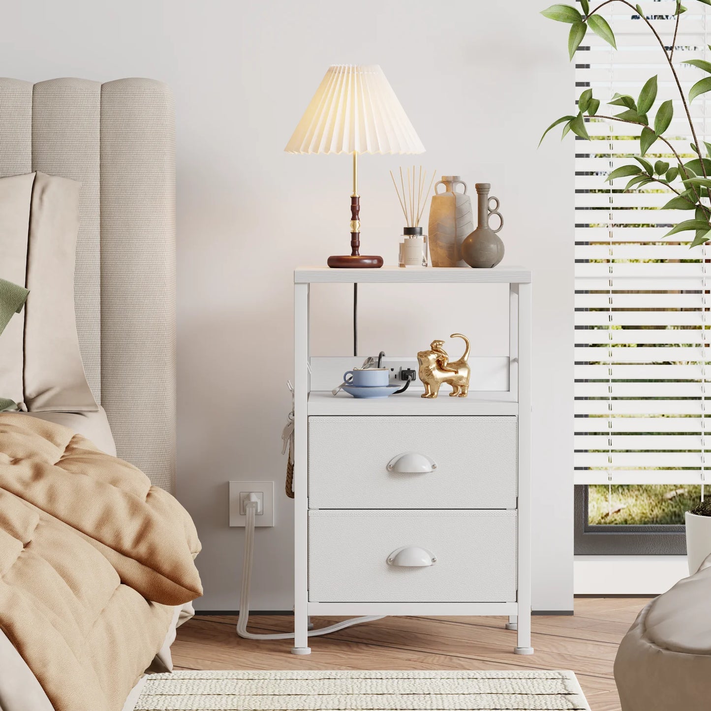 Nightstand with Drawers & Shelf Bedside End Table for Bedroom,White