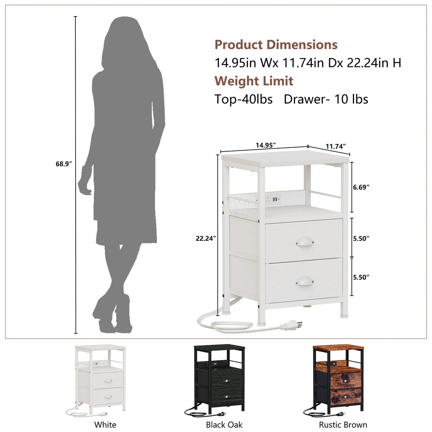 Nightstand with Drawers & Shelf Bedside End Table for Bedroom,White