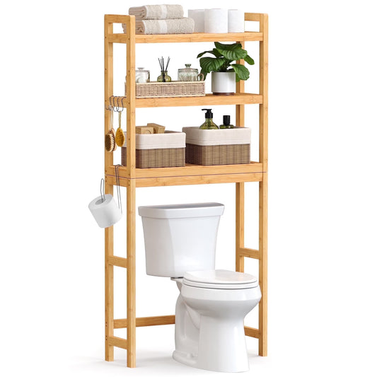 3-Tier Over The Toilet Storage Bamboo Over Toilet Shelf Bathroom Storage Organizer with Adjustable Shelf Natural