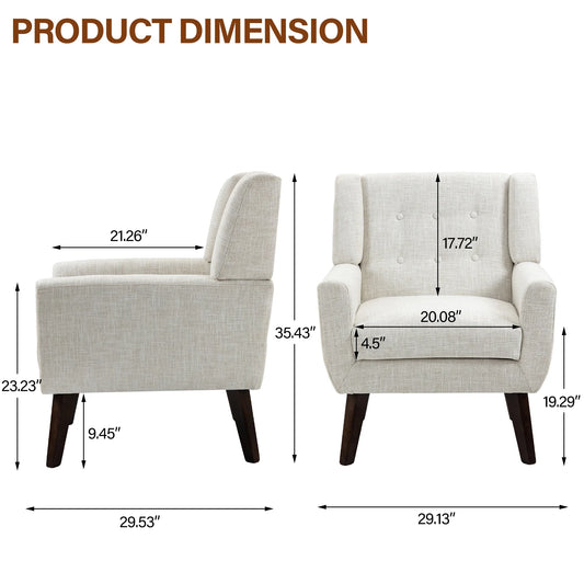 Beige Accent Chair, Linen Fabric Armchair for Living Room, Tufted Armrest Reading Seat