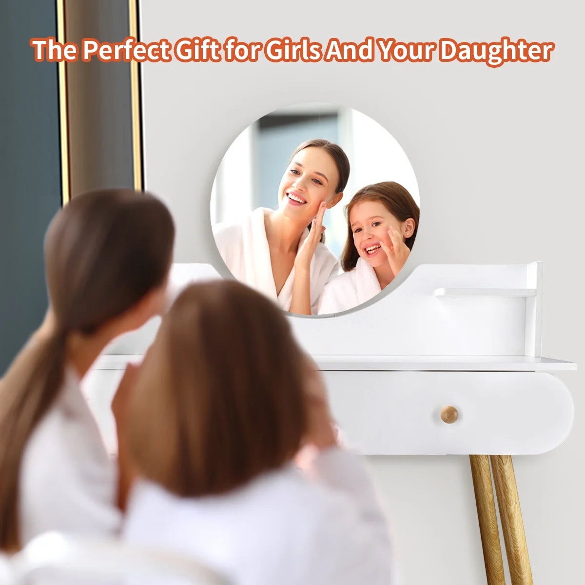 Modern White Vanity Desk with Mirror, Solid Wood Makeup Vanity Dressing Table for Women Girls (Without Stool and LED)