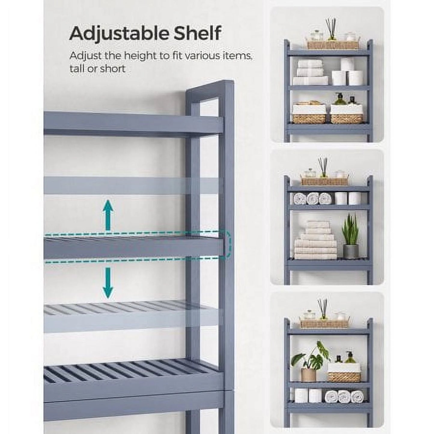 3-Tier Over The Toilet Storage Bamboo Over Toilet Shelf Bathroom Storage Organizer with Adjustable Shelf, Grey