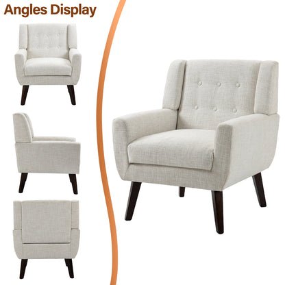 Beige Accent Chair, Linen Fabric Armchair for Living Room, Tufted Armrest Reading Seat