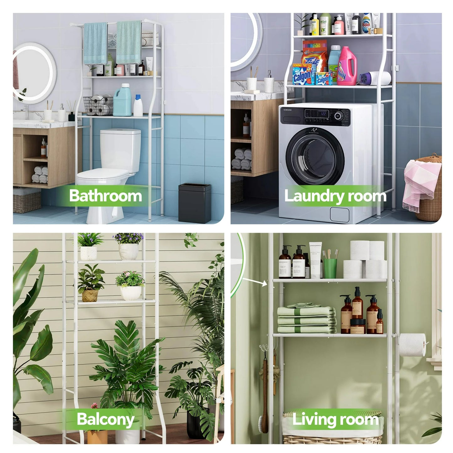 Over the Toilet Storage, Bathroom Organizers and Storage Shelf with Hanging Rod Paper Holder and 3 Hooks, Freestanding Toilet Rack Space Saver, White