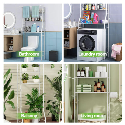 Over the Toilet Storage, Bathroom Organizers and Storage Shelf with Hanging Rod Paper Holder and 3 Hooks, Freestanding Toilet Rack Space Saver, White