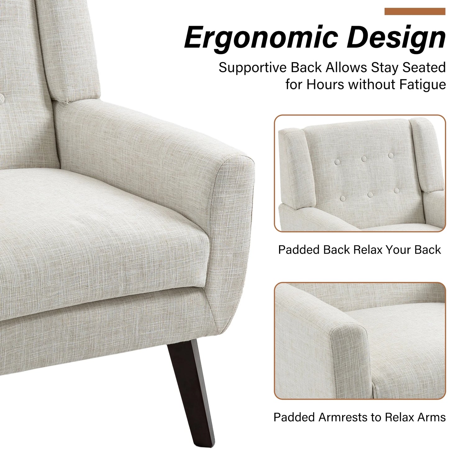 Beige Accent Chair, Linen Fabric Armchair for Living Room, Tufted Armrest Reading Seat