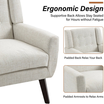 Beige Accent Chair, Linen Fabric Armchair for Living Room, Tufted Armrest Reading Seat