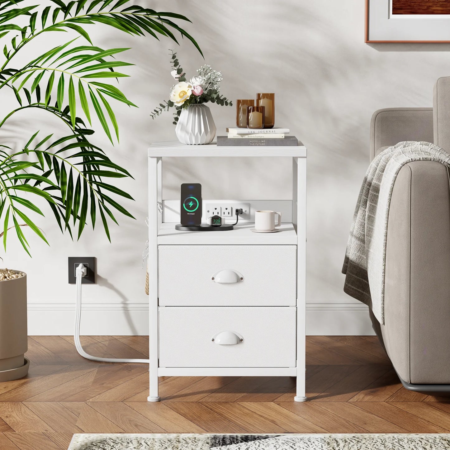 Nightstand with Drawers & Shelf Bedside End Table for Bedroom,White