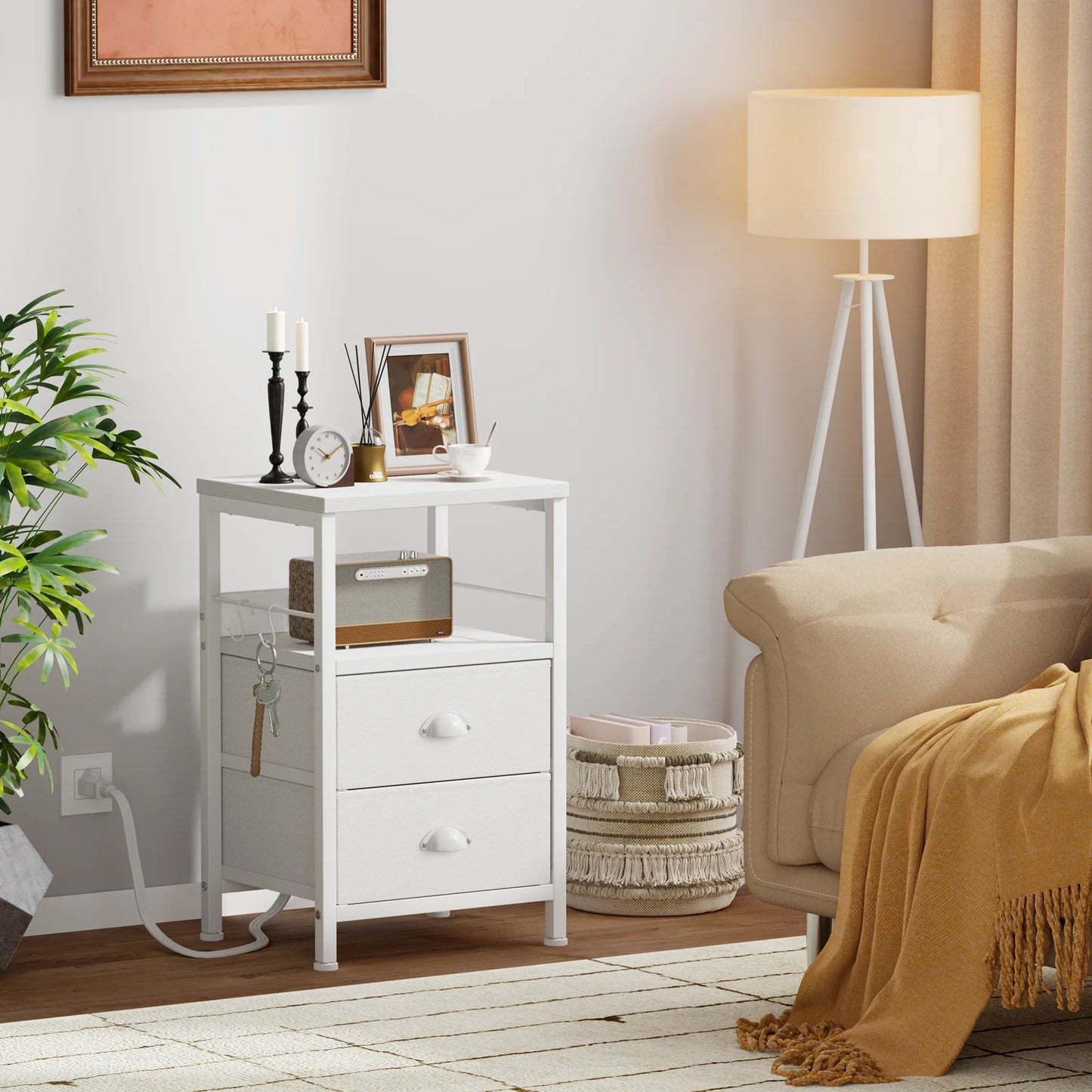 Nightstand with Drawers & Shelf Bedside End Table for Bedroom,White