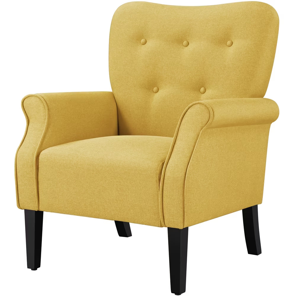 Mid-century Upholstered Fabric Accent Armchair for Living Room with Wooden Leg, Yellow