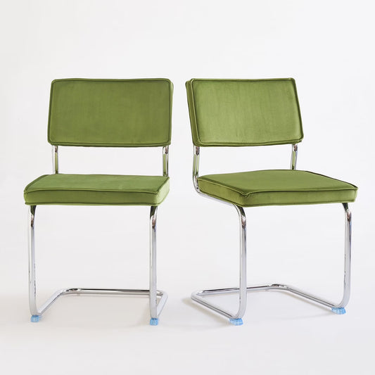 Green Velvet Dining Chairs,Mid Century Morden Dining Chairs, Minimalistic Style Kitchen & Dining Room Chairs, Upholstered Comfort Chairs with Chrome Metal Legs, set of 2