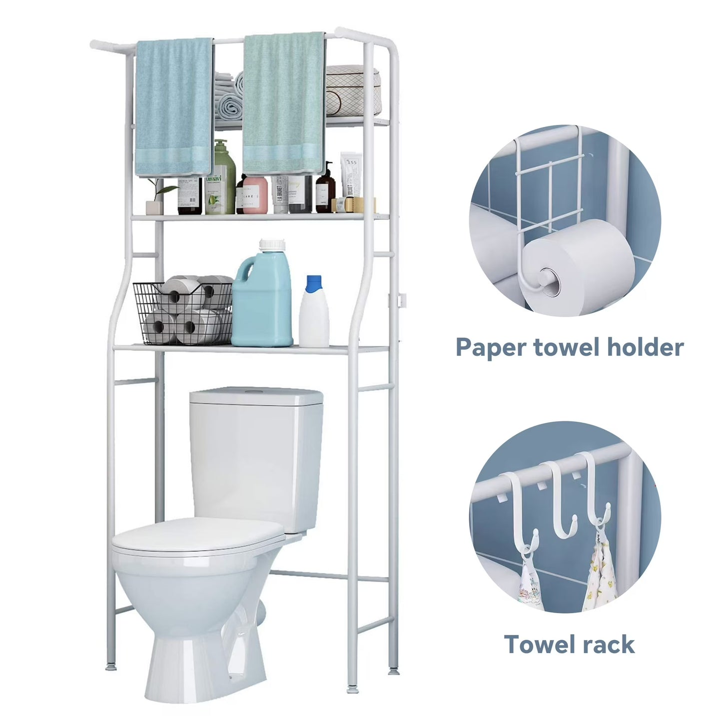 Over the Toilet Storage, Bathroom Organizers and Storage Shelf with Hanging Rod Paper Holder and 3 Hooks, Freestanding Toilet Rack Space Saver, White