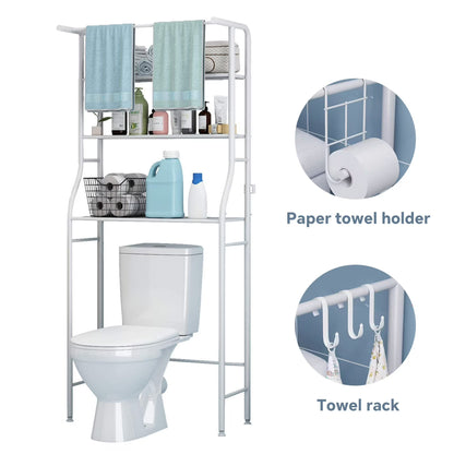 Over the Toilet Storage, Bathroom Organizers and Storage Shelf with Hanging Rod Paper Holder and 3 Hooks, Freestanding Toilet Rack Space Saver, White