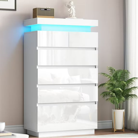 6 Drawers Dresser, Modern Tall Dresser for Closet with Adjustable LED Lights, High Gloss Chests of Drawers, Wood Storage Cabinet for Bedroom, Entryway, Living Room, Dressing Room, White
