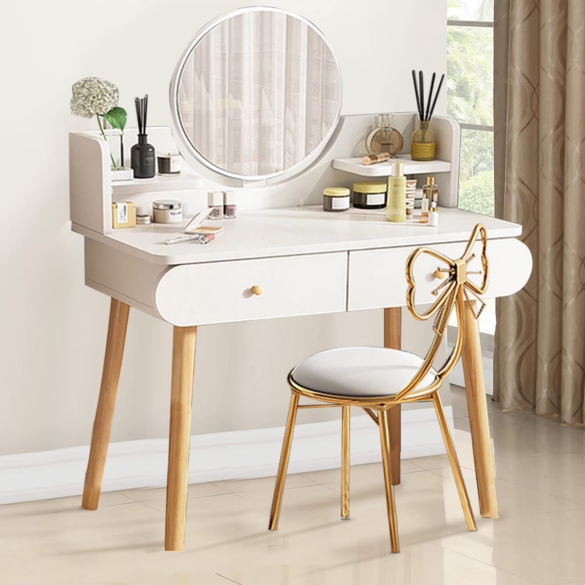 Modern White Vanity Desk with Mirror, Solid Wood Makeup Vanity Dressing Table for Women Girls (Without Stool and LED)