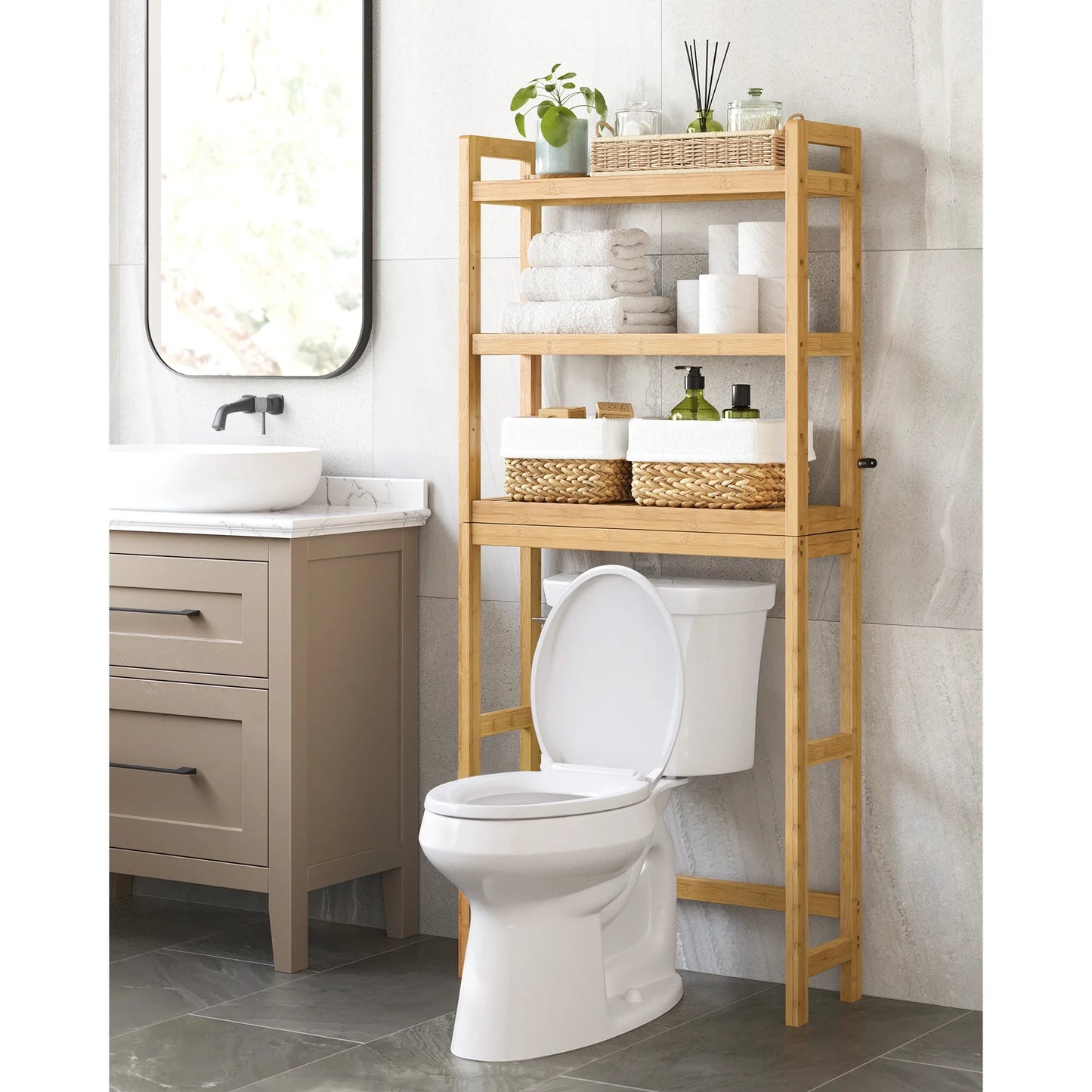 3-Tier Over The Toilet Storage Bamboo Over Toilet Shelf Bathroom Storage Organizer with Adjustable Shelf Natural