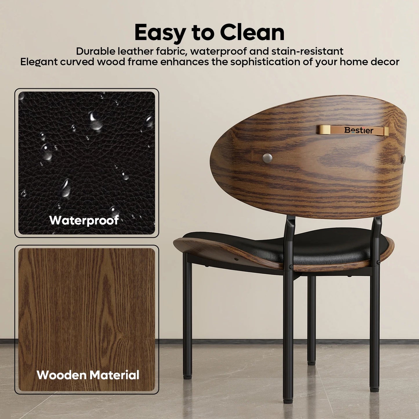 Dining Chairs Set of 2,Modern Living Room Chairs,Upholstered Leather Kitchen Chairs for Dining Room and Vanity with Cushion Seat,Metal Legs,Mid-Century Modern Round Design,Easy Assembly,Black