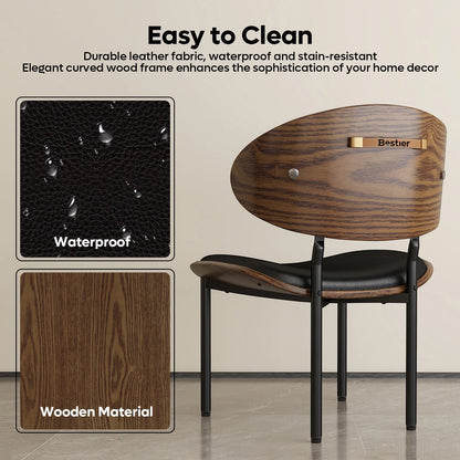 Dining Chairs Set of 2,Modern Living Room Chairs,Upholstered Leather Kitchen Chairs for Dining Room and Vanity with Cushion Seat,Metal Legs,Mid-Century Modern Round Design,Easy Assembly,Black