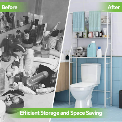 Over the Toilet Storage, Bathroom Organizers and Storage Shelf with Hanging Rod Paper Holder and 3 Hooks, Freestanding Toilet Rack Space Saver, White