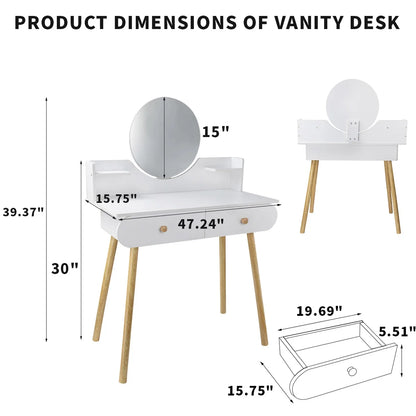 Modern White Vanity Desk with Mirror, Solid Wood Makeup Vanity Dressing Table for Women Girls (Without Stool and LED)