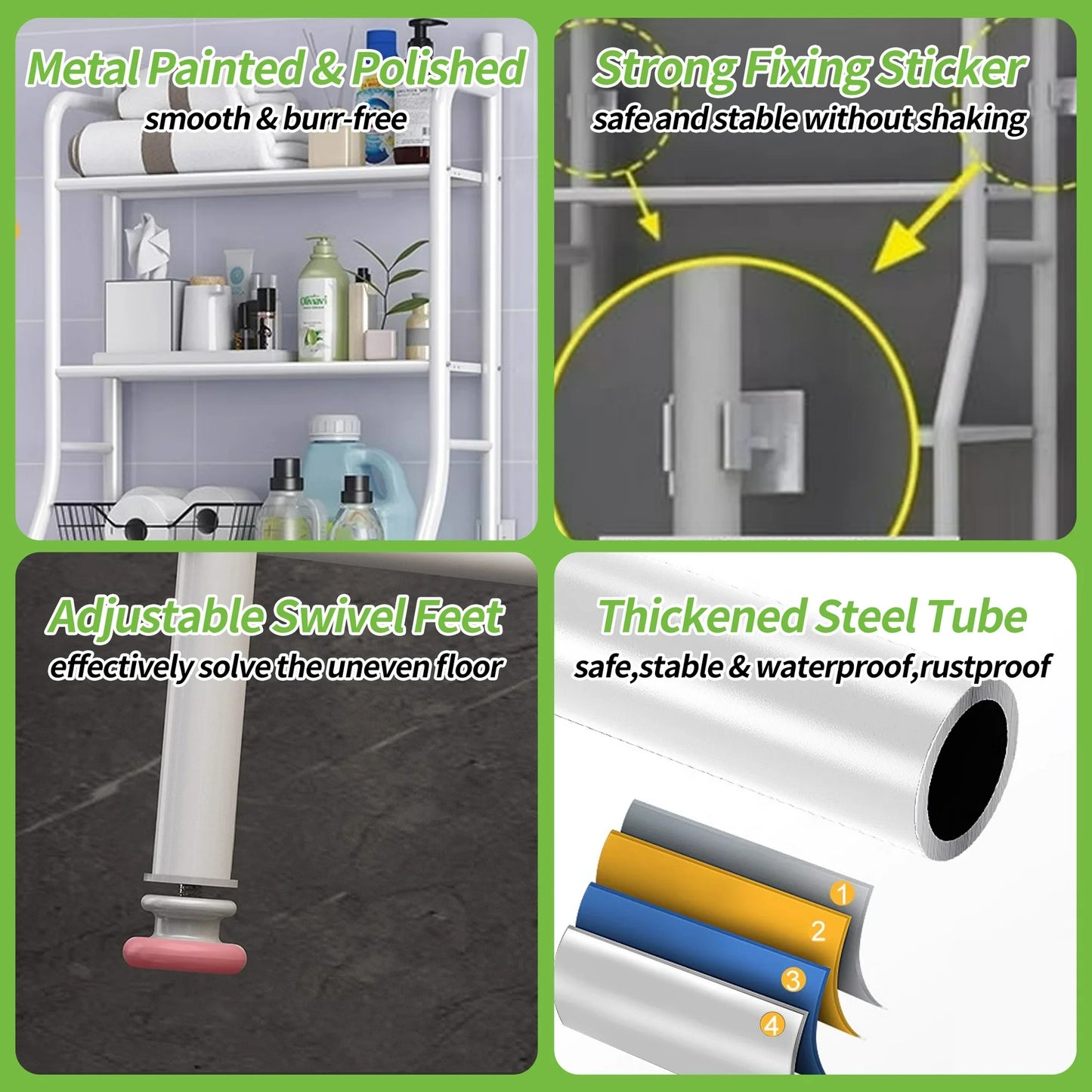 Over the Toilet Storage, Bathroom Organizers and Storage Shelf with Hanging Rod Paper Holder and 3 Hooks, Freestanding Toilet Rack Space Saver, White