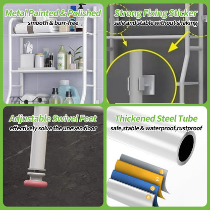 Over the Toilet Storage, Bathroom Organizers and Storage Shelf with Hanging Rod Paper Holder and 3 Hooks, Freestanding Toilet Rack Space Saver, White